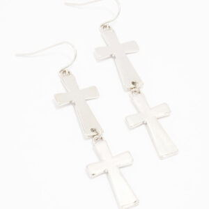 Rhodium Double Cross Drop Earrings