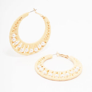 Cream Woven Raffia Fabric Hoop Earrings