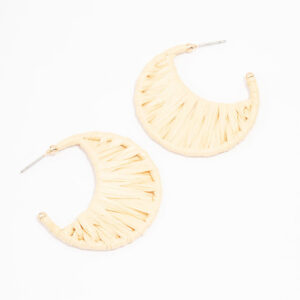 Cream Woven Raffia Crescent Hoop Earrings
