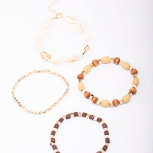 Neutral Wide Shell Stretch Beaded Bracelet 4-Pack