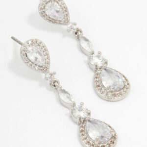 Rhodium Cubic Zirconia Pear Halo Drop Earrings