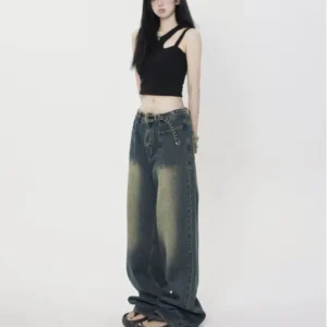 High Street Trendy Brand Jeans Women's Summer New Small Style Retro Straight Tube Floor Sweeping Design Women's Denim Pants