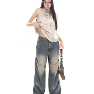 Small crowd deconstruction design sense jeans, high street wide leg pants, high-end floor long pants, trendy brand women's jeans
