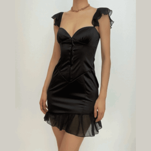 Solid ruched cap sleeve ruffle button mini dress